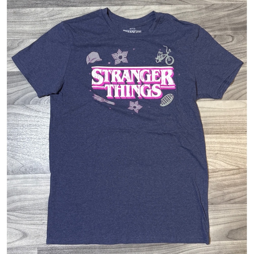 Netflix Stranger Things Graphic T-Shirt Navy Blue Pink Logo Icons Mens Medium